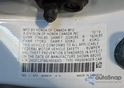 2020 Honda Civic Lx z USA, uszkodzony, nr VIN 2HGFC2F64LH509003